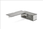 Desk + left-hand 2-drawer/2-shelf credenza — Mall Ii